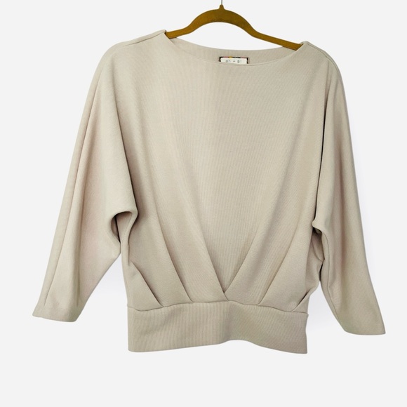 Eri & Ali Tops - Eri + Ali Batwing Boat Neck Elegant Micro Rib Cotton Long Sleeve Top S P Beige